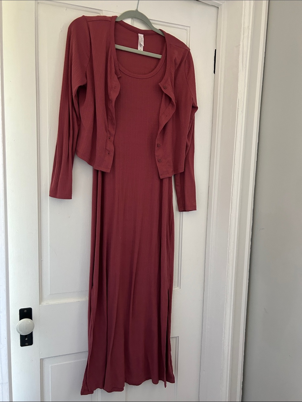 Auden Ribbed Long Gown with Matching Cardigan - Rose